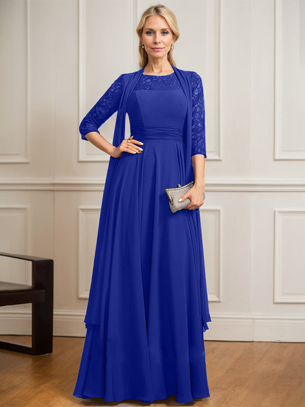 A-line Scoop Illusion Floor-Length Lace Chiffon Mother of the Bride Dress With Pleated