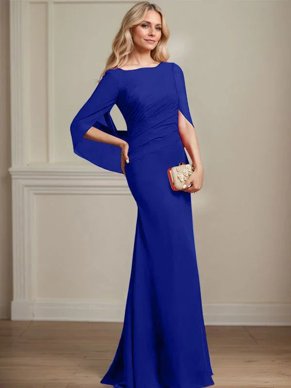 Vestido de madrina de novia de gasa con cuello barco estilo trompeta/cola de sirena y largo hasta el suelo con pliegues