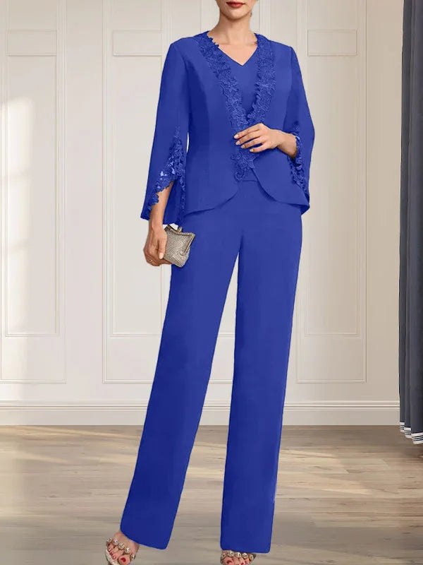 Getrennte Overall/Hosenanzug V-Ausschnitt bodenlanger Chiffon Brautmutterkleid