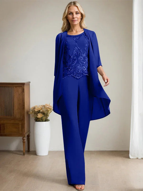 Getrennter Overall/Hosenanzug mit Rundhalsausschnitt, bodenlang, aus Chiffon und Spitze, Mutter-des-Brautkleides mit Perlen und Pailletten