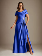 A-Line Scoop Floor-Length Stretch Satin Mother of the Bride Dress With Cascading Ruffles