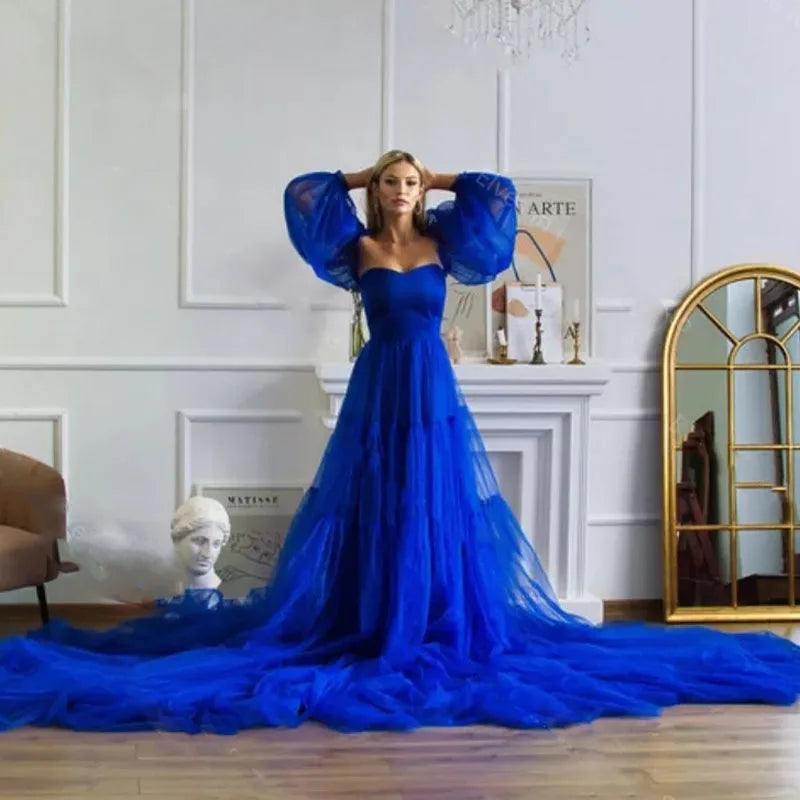 Robe de maternité en tulle bleu royal pour mariée avec manches amovibles, traîne longue, chemise de nuit pour séance photo, robes de bal uniques