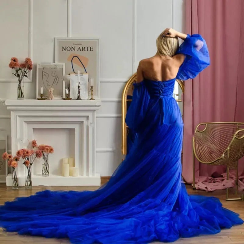 Robe de maternité en tulle bleu royal pour mariée avec manches amovibles, traîne longue, chemise de nuit pour séance photo, robes de bal uniques