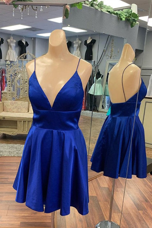 Simple Royal Blue Satin Backless Homecoming Dresses, Short Prom Dress