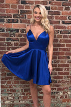 Robes simples bleu royal en satin sans dos pour retour à la maison, robe courte de bal
