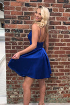 Robes simples bleu royal en satin sans dos pour retour à la maison, robe courte de bal