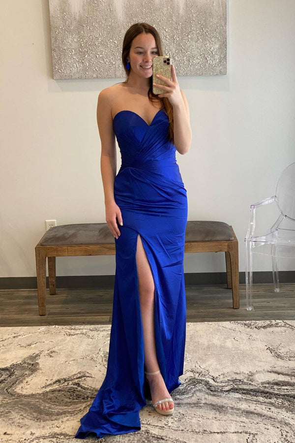 Vestidos Simples de Baile de Finalistas em Cetim Azul Real com Decote Coração