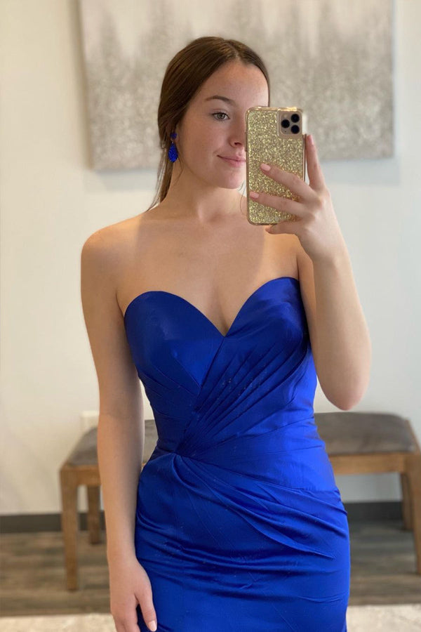 Vestidos Simples de Baile de Finalistas em Cetim Azul Real com Decote Coração