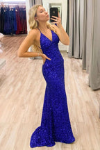 Vestido longo de baile com lantejoulas azul real e cauda de sereia SYP86