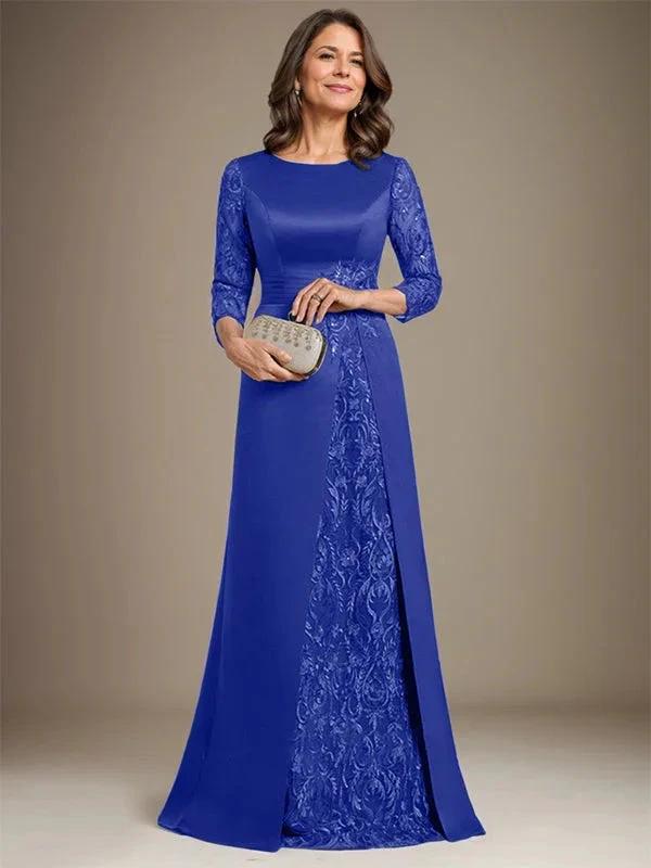 A-Line Scoop Floor-Length Lace Satin Mother Of the Bride Dress With Applique by Dreamylily