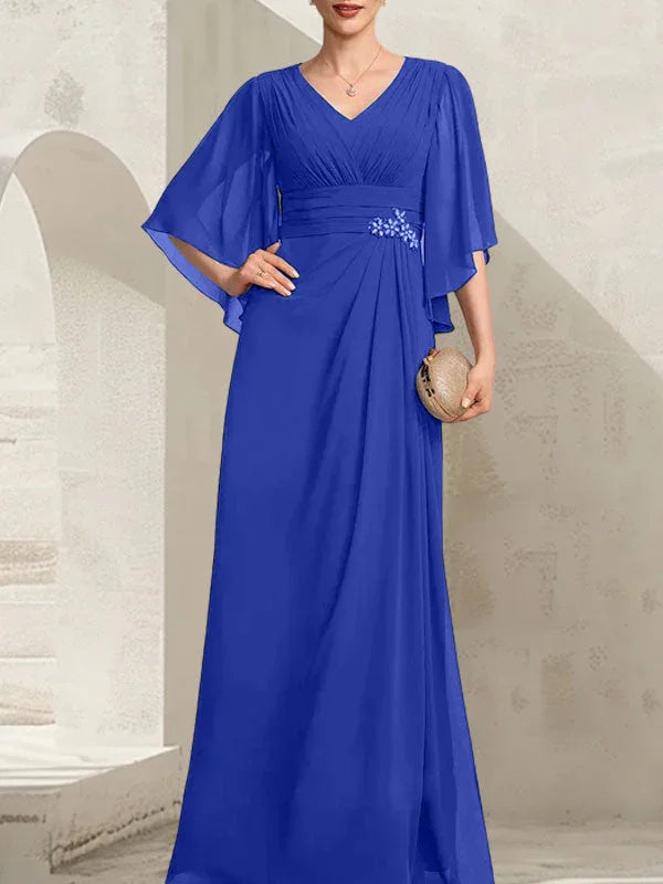 Vestido de madrina de novia de gasa largo hasta el suelo, corte columna y escote en V, con lentejuelas plisadas y abalorios