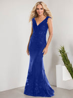 A-line V-Neck Floor-Length Lace Chiffon Mother of the Bride Dress With Applique Sequins Mermaid Dresses