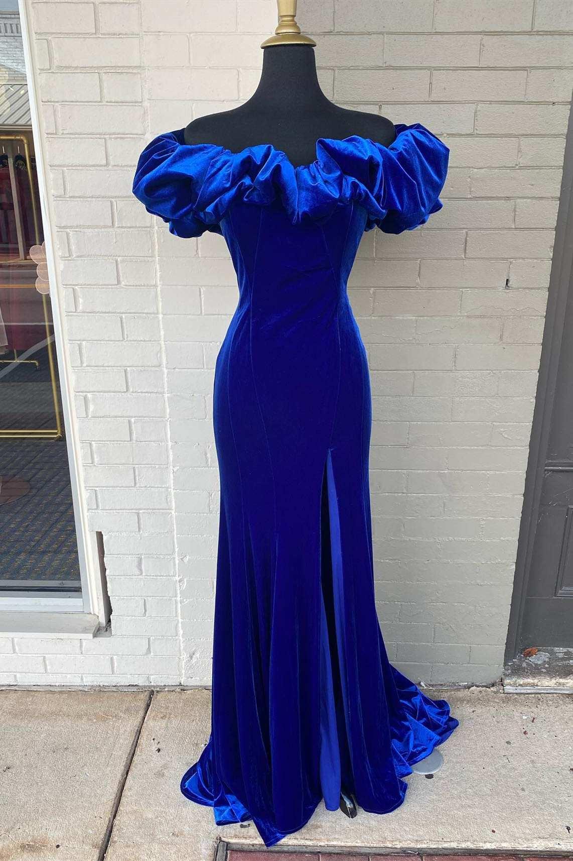 Vestido Formal Azul Real com Ombros Descobertos e Fenda SYP95