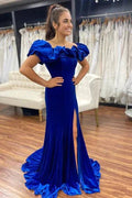 Vestido Formal Azul Real com Ombros Descobertos e Fenda SYP95