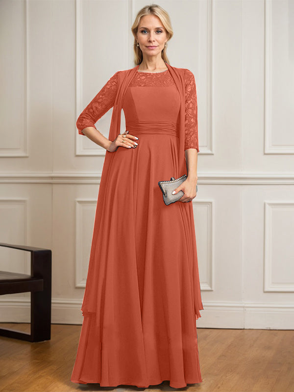A-line Scoop Illusion Floor-Length Lace Chiffon Mother of the Bride Dress With Pleated