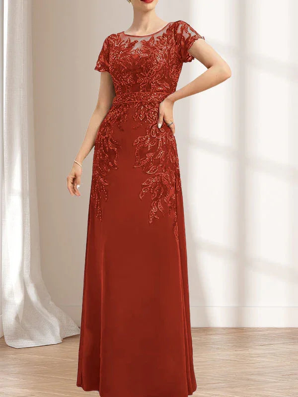 Vestido de madrina de novia con ilusión, corte columna y fajín, largo hasta el suelo, de encaje y gasa con lentejuelas