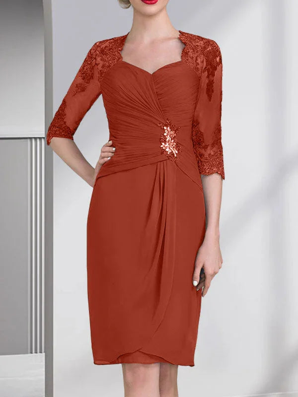 Vestido de madrina de novia de gasa con apliques de cuentas, encaje, lentejuelas y pliegues, largo hasta la rodilla, corte tubo y columna, con escote corazón