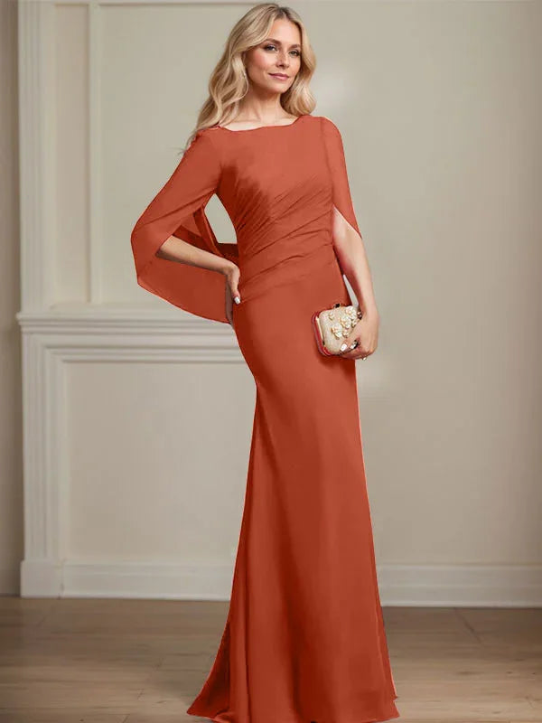Vestido de madrina de novia de gasa con cuello barco estilo trompeta/cola de sirena y largo hasta el suelo con pliegues