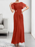 A-line Scoop Illusion Tea-Length Chiffon Lace Mother of the Bride Dress With Beading Sequins