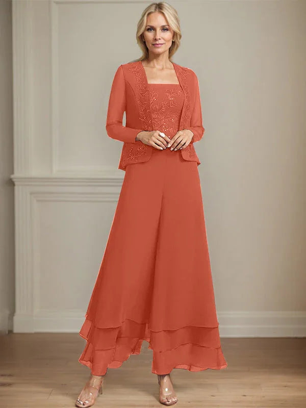 Getrennter Overall/Hosenanzug mit quadratischem Ausschnitt, knöchellang, aus Spitzenchiffon, Brautmutterkleid mit Pailletten
