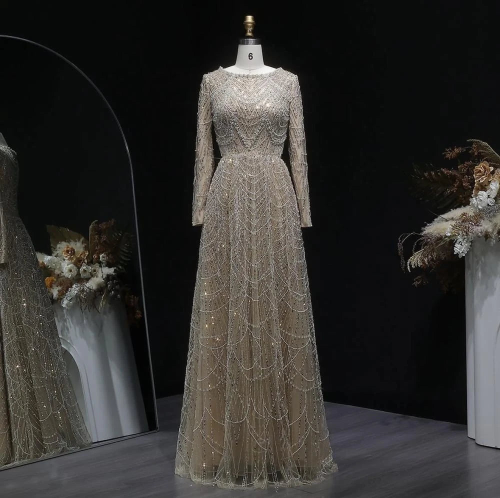 Contessa Custom formal gown elegant beaded tulle evening dress long sleeve boat neck floor length A line glam sparkly pr