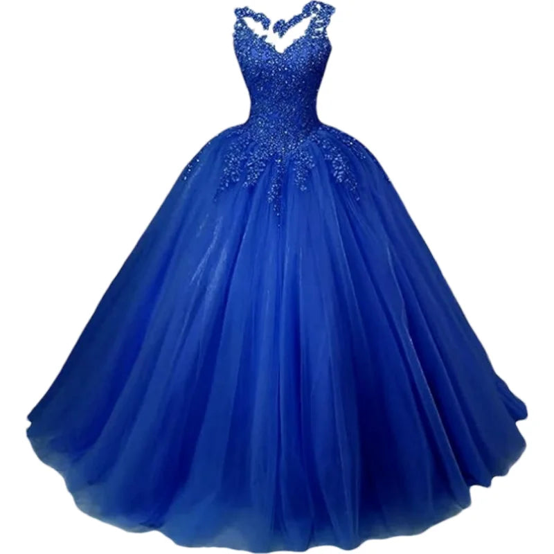 Customized Women's Beaded Lace Appliques Prom Dress Long Ball Gown Quinceanera Dresses Tulle Formal Sweet 16 Dress for T