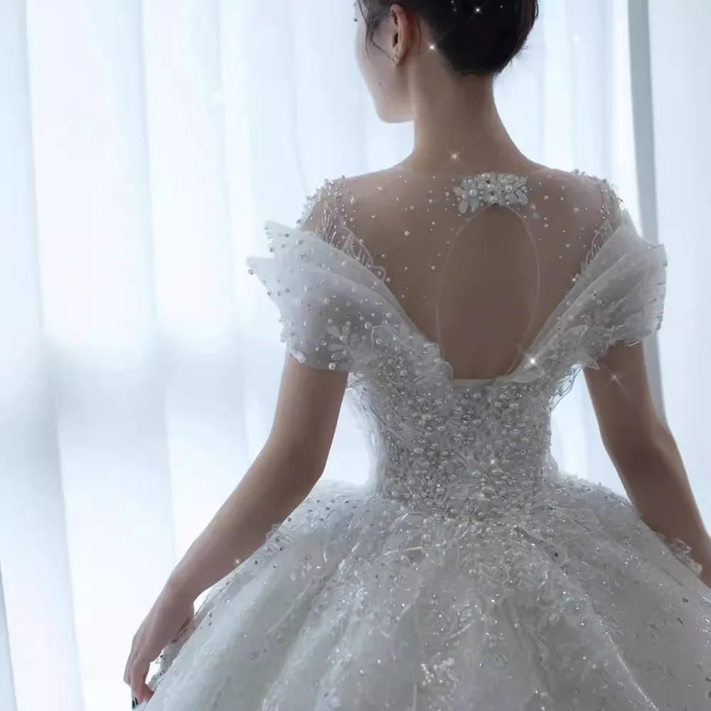 2025 Princess Sexy Luxury Crystal Beaded Wedding Dress Puff Tulle White Gown Bride Pregnant Women's High-end Gown with T