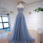 Abito da ballo in tulle grigio lusso a linea A con applicazioni floreali LA73015