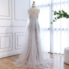 Robe de soirée de luxe grise perlée avec cape pour bal de promo LA73342