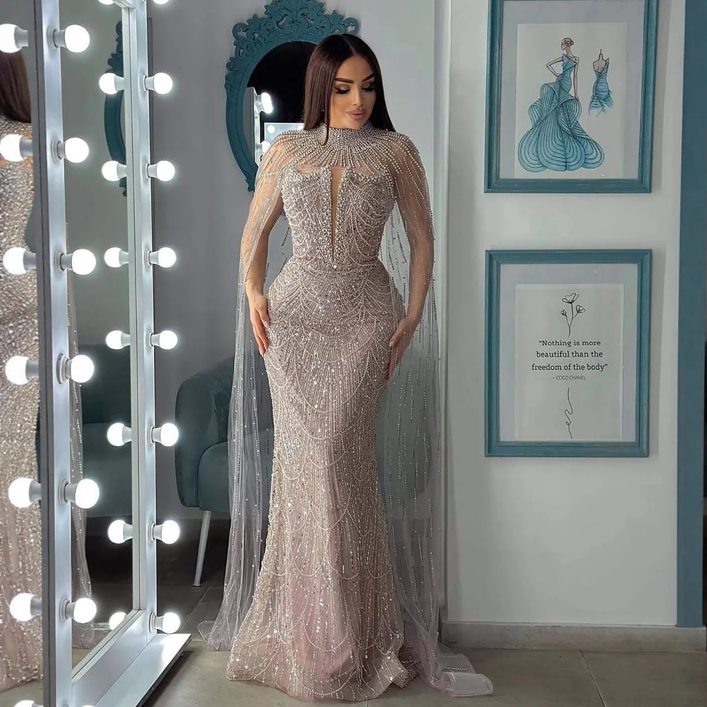 Robe de soirée de luxe en perles couleur nude avec traîne en tulle LA72189A