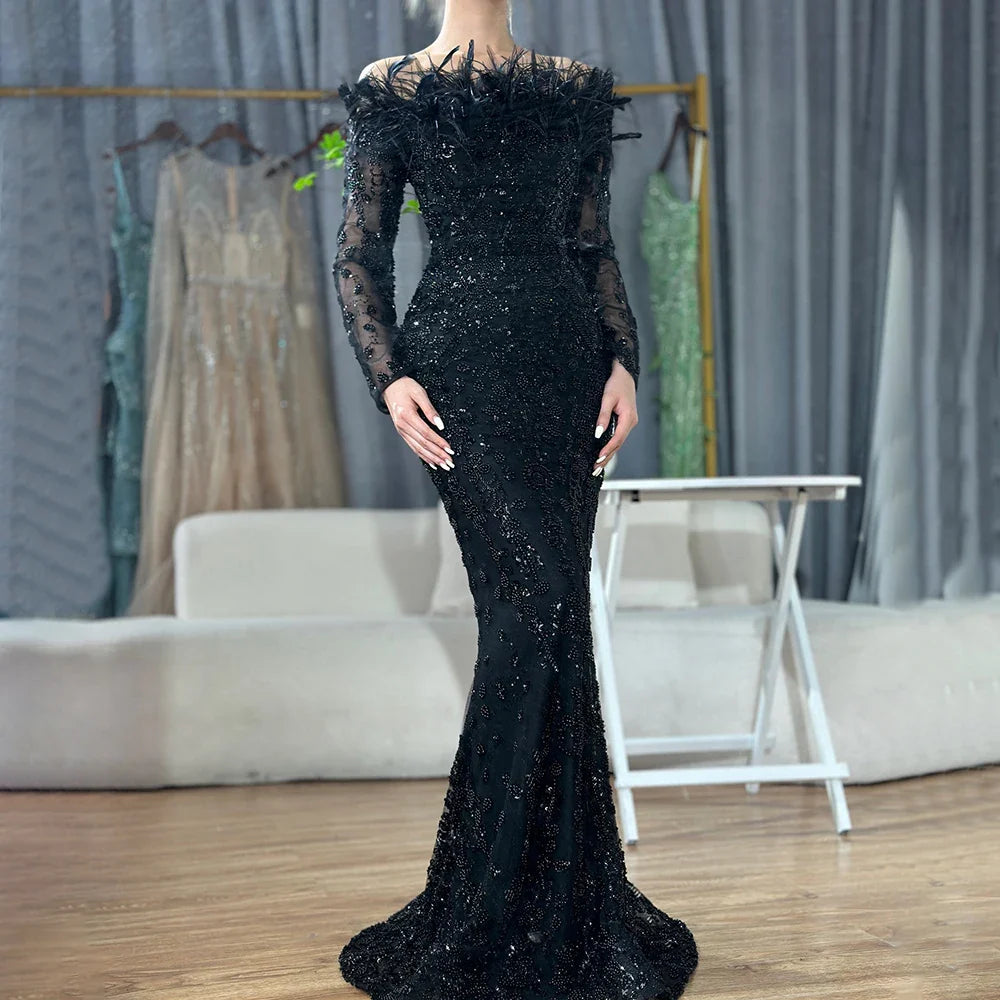 Luxury Dubai Green Long Sleeves Feathers Beaded Evening Dress LA72553