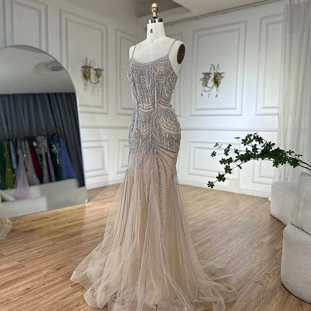 Robe de soirée sirène luxueuse en cristal à franges rose nu LA72772