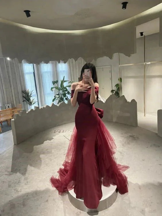 Vestido de Noite Ombro a Ombro Sereia com Laço Borgonha Vestido de Baile Y7181