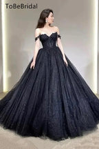 Black Shiny Tull Prom Dress Applique Off Shoulder Sweet Long Formal Wedding Party Dress Elegant Women's Evening Gowns Cu