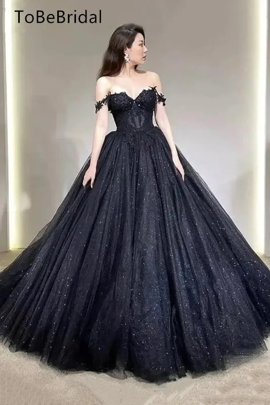 Black Shiny Tull Prom Dress Applique Off Shoulder Sweet Long Formal Wedding Party Dress Elegant Women's Evening Gowns Cu