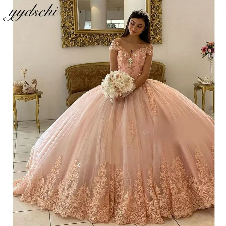 Customized Dresses 2026 Pink Off The Shoulder For Ball Gown Princess Appliques Tulle Birthday Party Dress Vestidos De 15