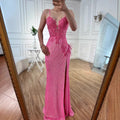Abito da Ballo Sirena Lusso Rosa con Piume, Perline e Spacco LA72987