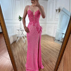 Abito da Ballo Sirena Lusso Rosa con Piume, Perline e Spacco LA72987