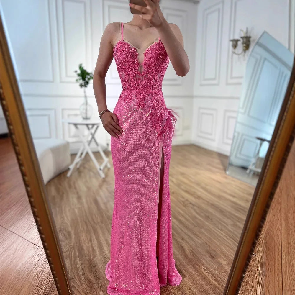 Robe de bal sirène en plumes roses de luxe avec fente et perles LA72987