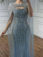 Robe de soirée luxueuse diamant bleu avec cape LA73426