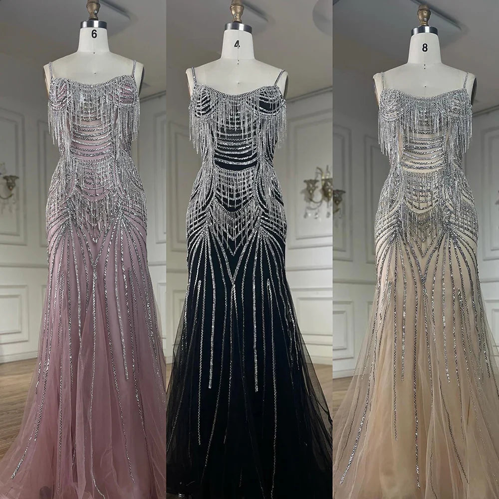 Robe de soirée sirène luxueuse en cristal à franges rose nu LA72772