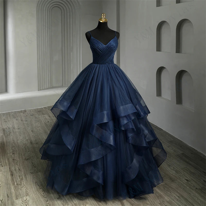Navy Blue Quinceanera Dress With Ruffles And Spaghetti Straps Princess Gown