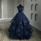 Navy Blue Quinceanera Dress With Ruffles And Spaghetti Straps Princess Gown