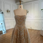 Vestido de Noite de Linha A em Nude de Luxo com Pérolas e Cristais LA72983A