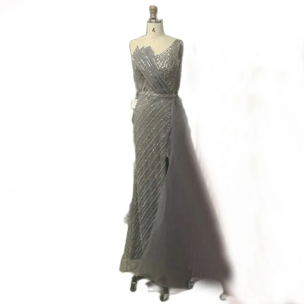 Luxury Dubai  Blue One Shoulder Split Saudi Evening Gown with Beaded Side Overskirt Dress for Formal Occasion LA72732