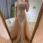 Serene Hill Gold Meerjungfrau Elegantes Ein-Schulter Überrock Perlenverzierte Luxuriöse Abendkleider Roben 2025 Für Frauen Hochzeit Fest LA72453