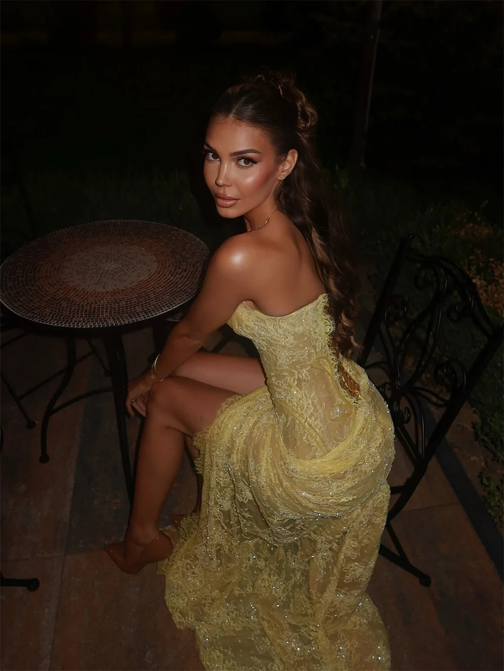 Cathy Customized Yellow Mermaid Lace Embroidery Prom Dresses Sequins Sleeveless vestidos de noiva Side High Split Formal