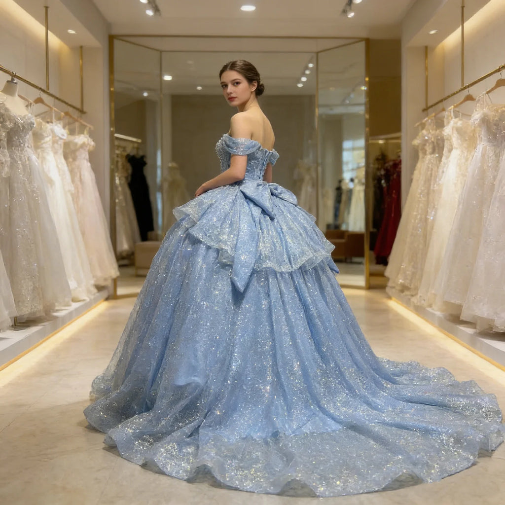 Imagem real céu azul boné manga pérolas em camadas vestido de baile tule shinny feminino festa de formatura ocasião wear quinceanera 15 personalizado