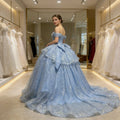 Imagem real céu azul boné manga pérolas em camadas vestido de baile tule shinny feminino festa de formatura ocasião wear quinceanera 15 personalizado