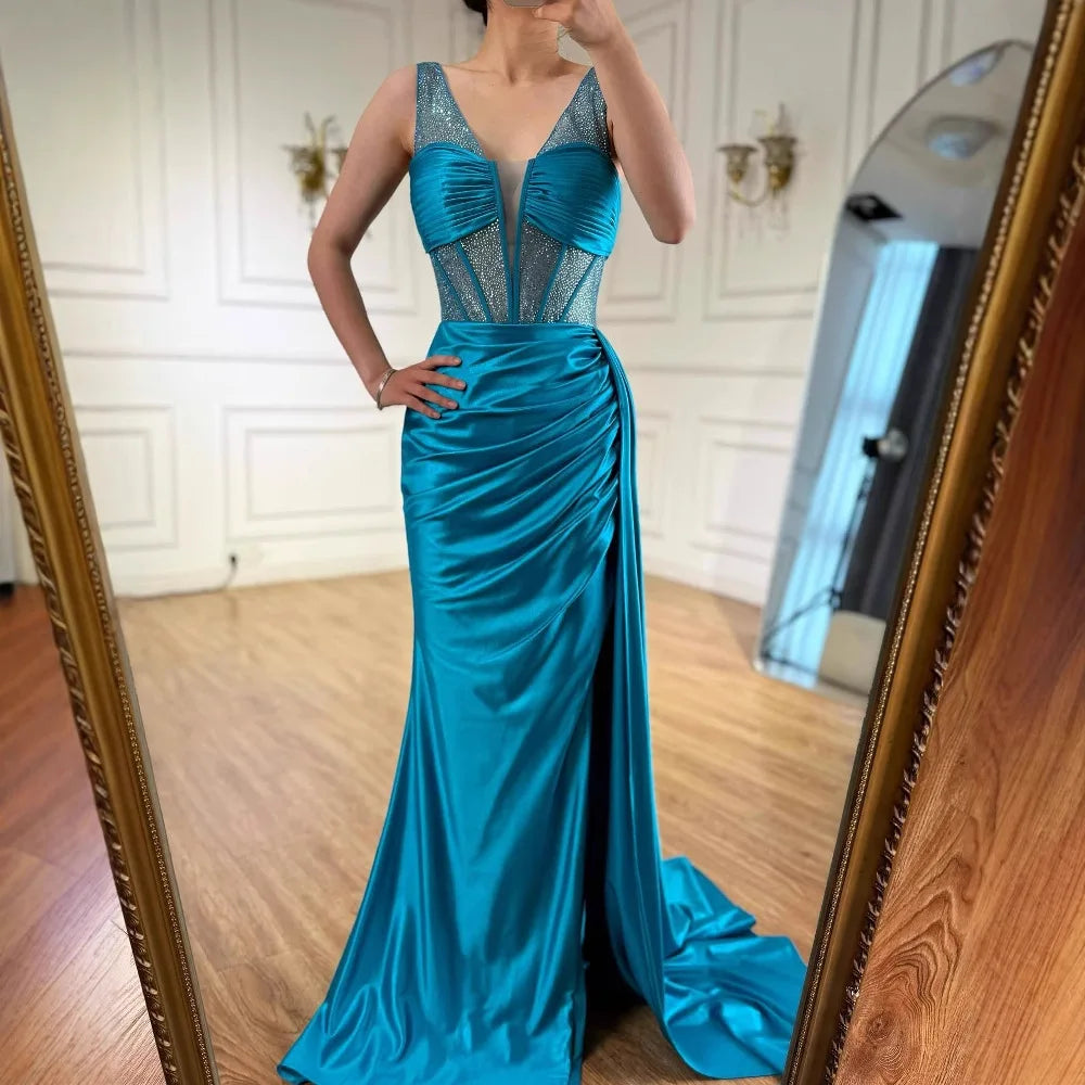 Blue Prom Dress with Side Overskirt Spaghetti Straps LA73011